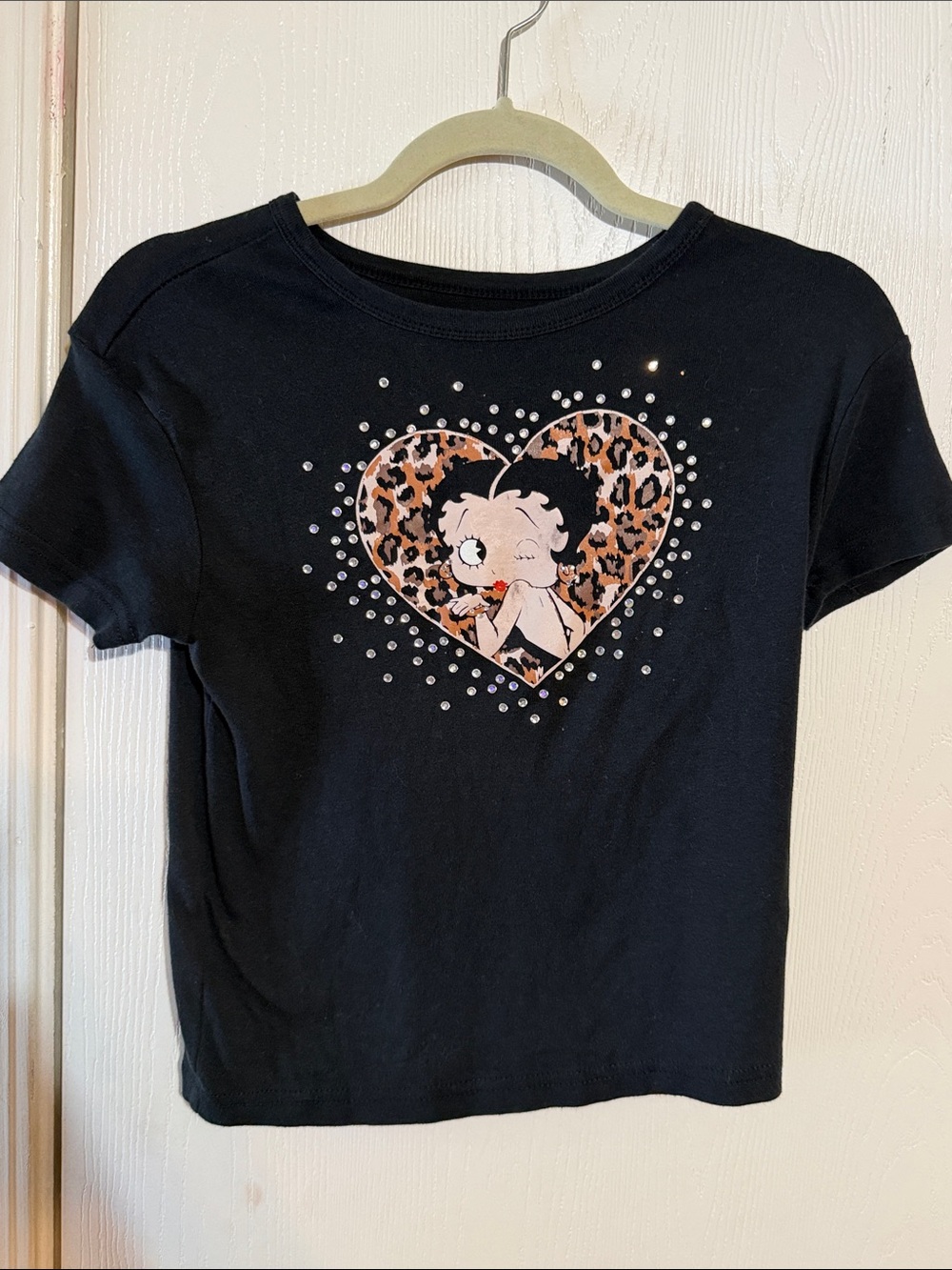 Betty Boop Black Tee with Leopard Heart and Rhinestones
